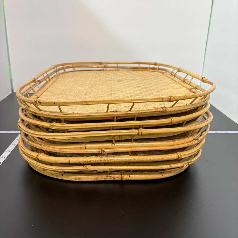 Vintage Bamboo Serving Trays Lot of 7 Tan Woven Rattan Boho Decor Tiki TV Lap